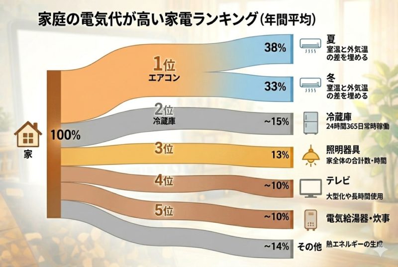 家庭の電気代が高い家電ランキングの図